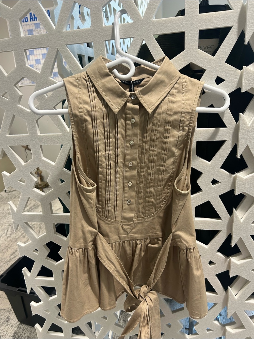Marissa Webb Tan Sleeveless Tie-Back Peplum Top